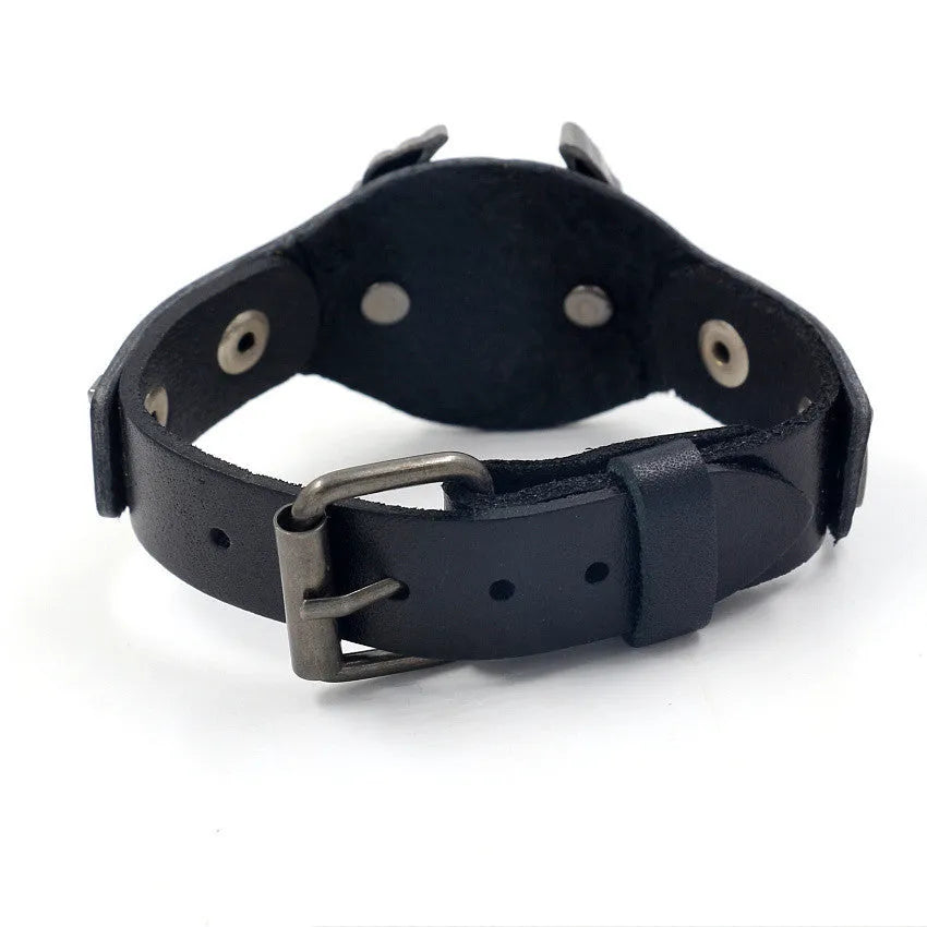 Black leather bracelet with geometric pattern and alloy eagle watch-buttom clasp