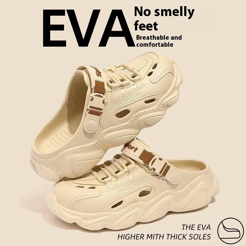 A pair of khaki men's outdoor slippers with a hollow-out pattern and a textured EVA sole.