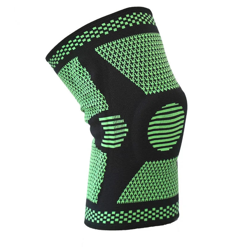 Sports knee pads with silicone spring design in blue colour showing polyamide sleeve construction