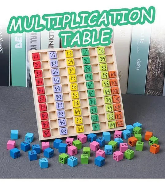 Wooden multi-coloured multiplication table with numbered cubes and base board