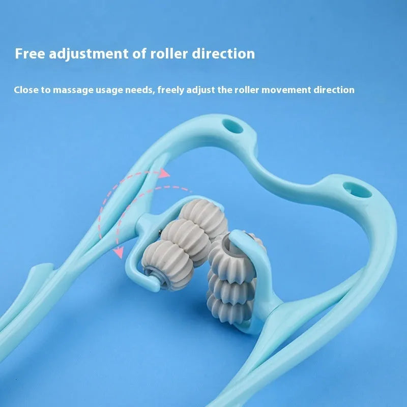 Blue plastic handheld massager with six rotating wheels for neck, shoulder and back relief.