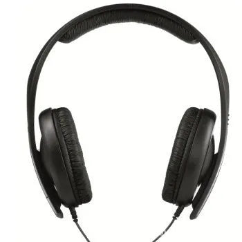 Black over-ear headphones with a headband, large ear cups, a long cable, and a 3.5mm plug.