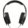 Black over-ear headphones with a headband, large ear cups, a long cable, and a 3.5mm plug.