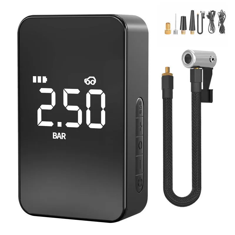 Wireless digital tyre inflator pump with LCD screen, compact ABS housing, and multiple air nozzles