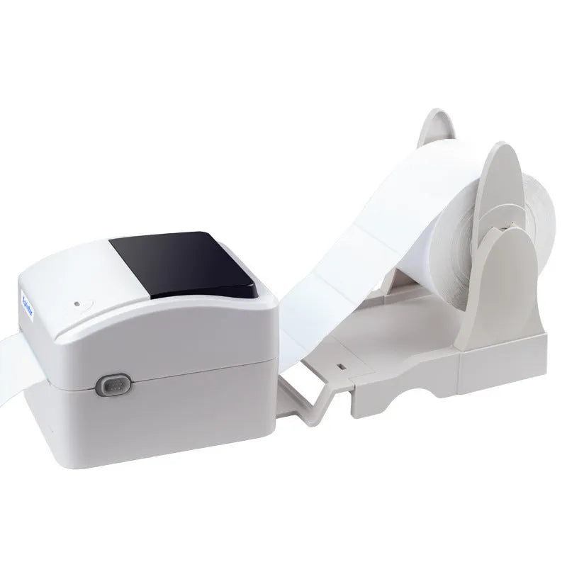 Thermal barcode printer with compact body and paper loading container, black finish, for label printing