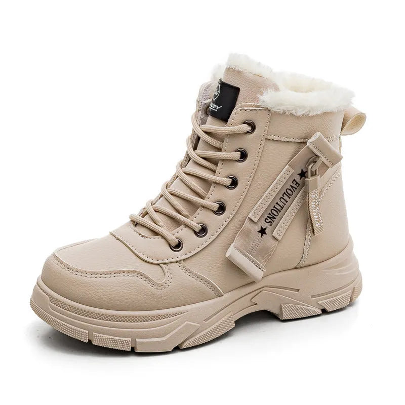 Plus size women's tall snow boots with fleece lining and rubber soles in black, khaki, or white.