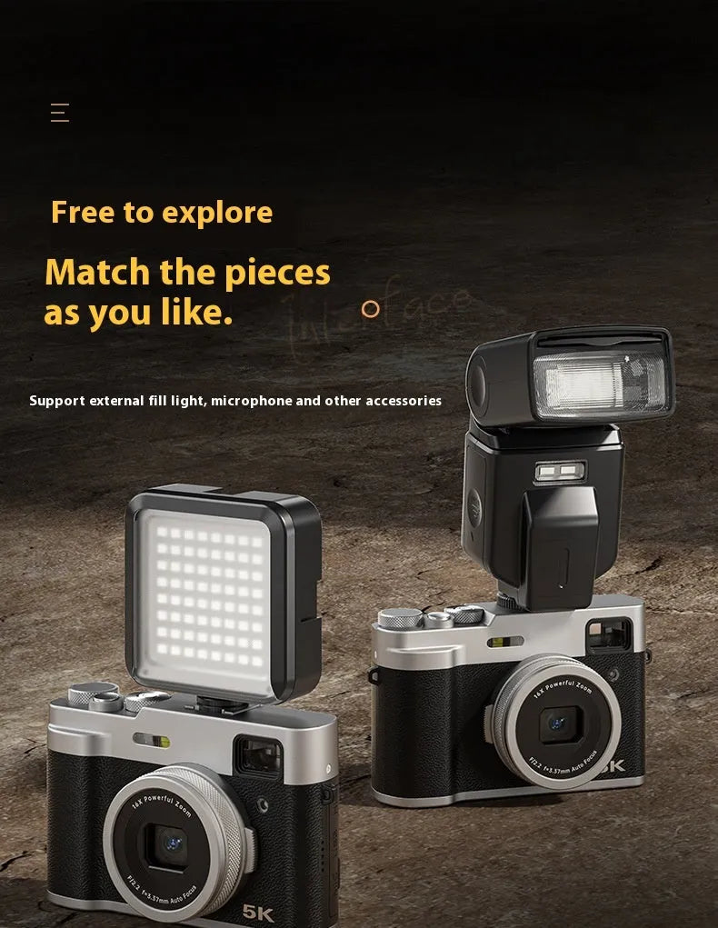 Black 5K digital compact camera with dual lenses and optical viewfinder on a 2.88-inch screen