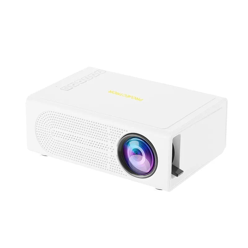 Black and white portable mini projector for wired mobile phone connection.