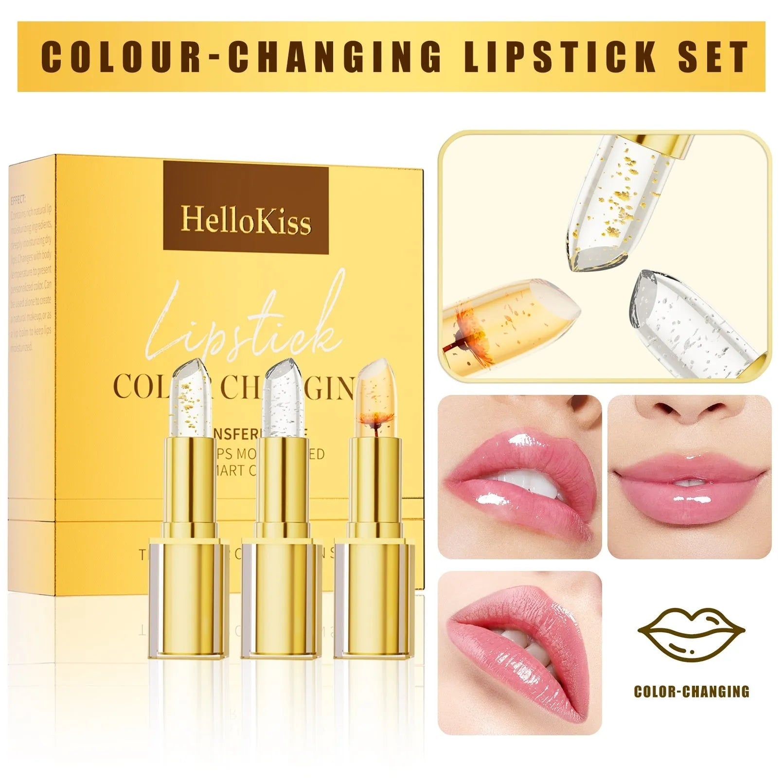 Single 3.5g stick of warm color-changing anti-smudge lipstick on a white background.