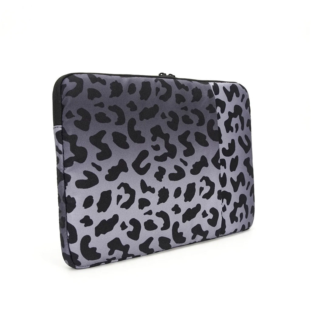 Leopard print laptop sleeve with waterproof polyester exterior and protective flannel lining