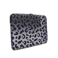 Leopard print laptop sleeve with waterproof polyester exterior and protective flannel lining