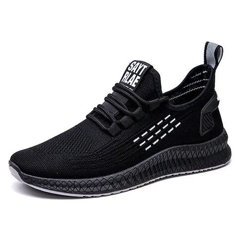 Men's black sports shoes with flying three bars pattern and cross strap detail on low-top design