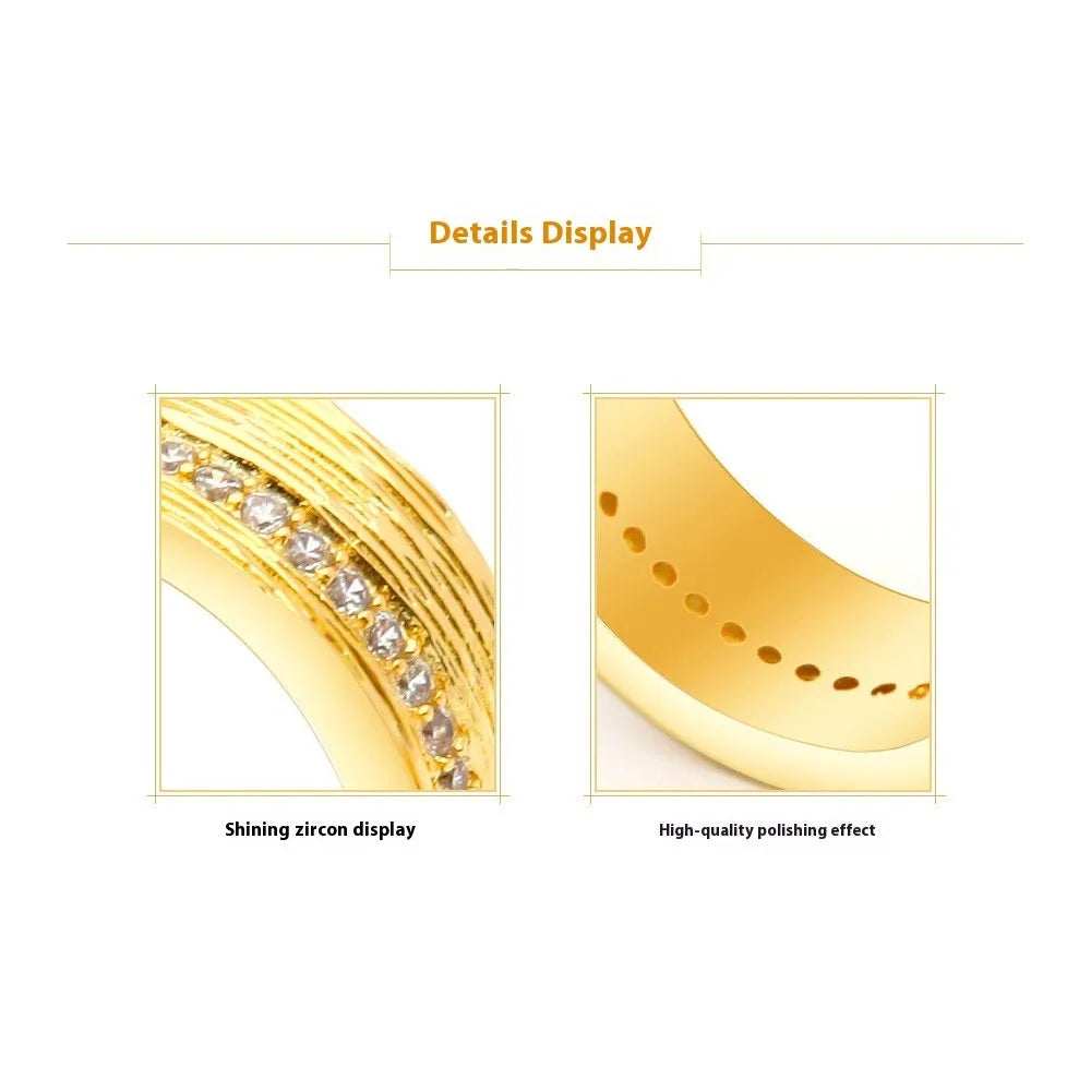 Women's geometric zircon ring in gold electroplated copper showing structured design lines