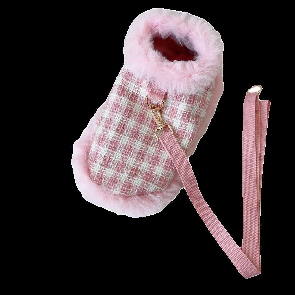 Pink cat clothing set with beret, cloak and hand holding rope for female cats