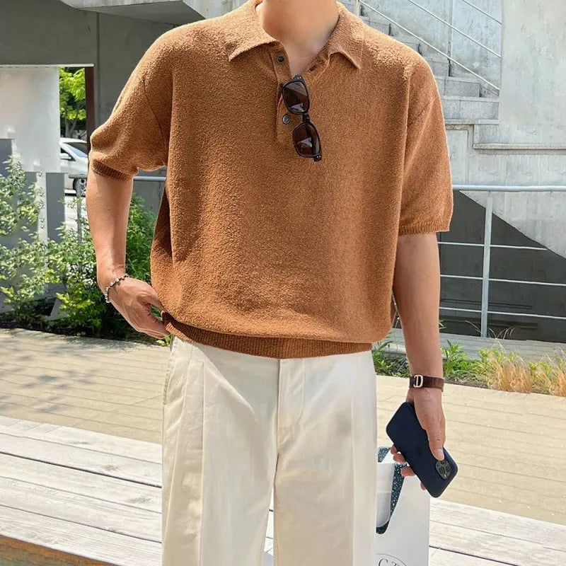 Men's retro knitted polo shirt in caramel colour with short sleeves and asymmetric design details