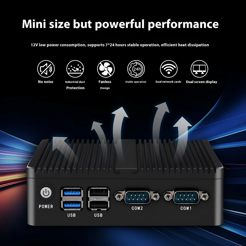 Industrial fanless mini PC with dual Ethernet ports and compact metal chassis