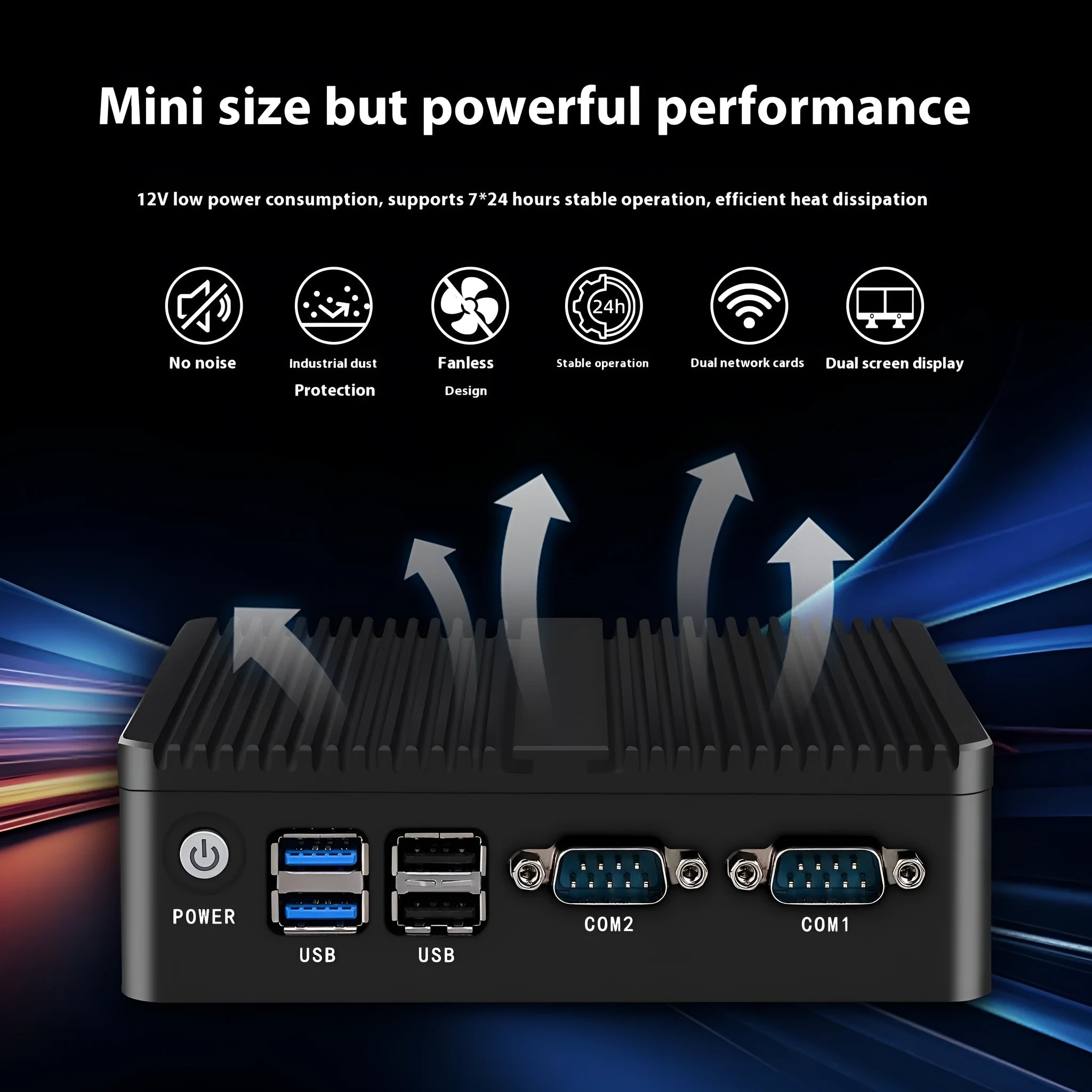 Industrial fanless mini PC with dual Ethernet ports and compact metal chassis