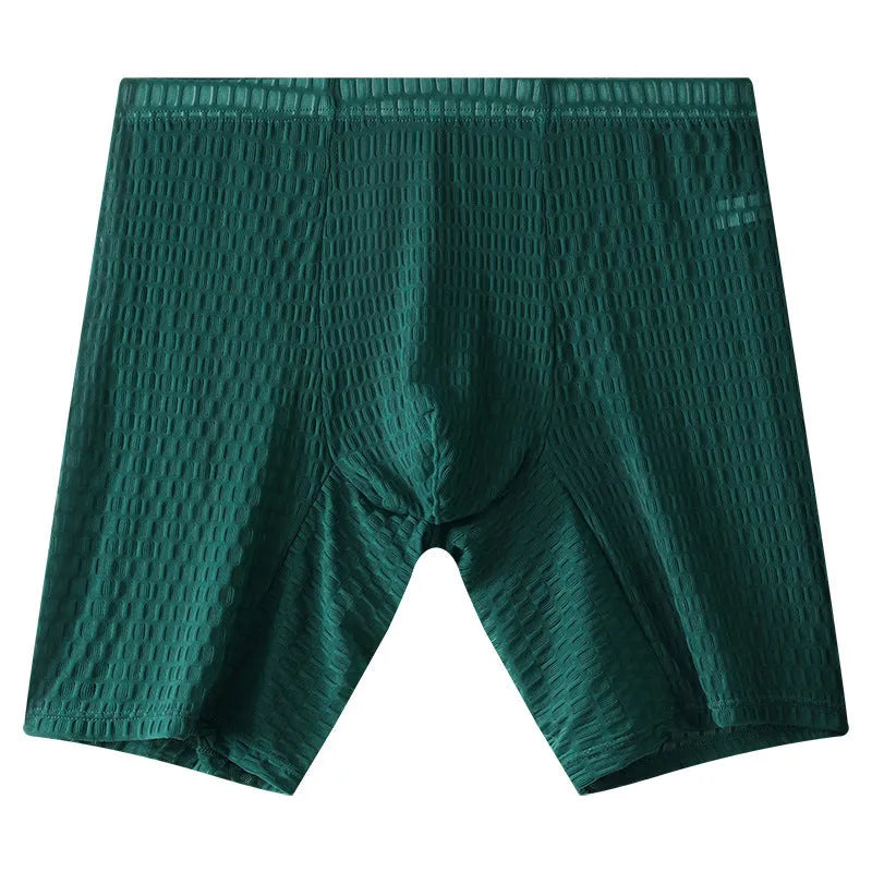 Men's white lace boxer shorts with a mid-waist and lengthened cut on a neutral background.
