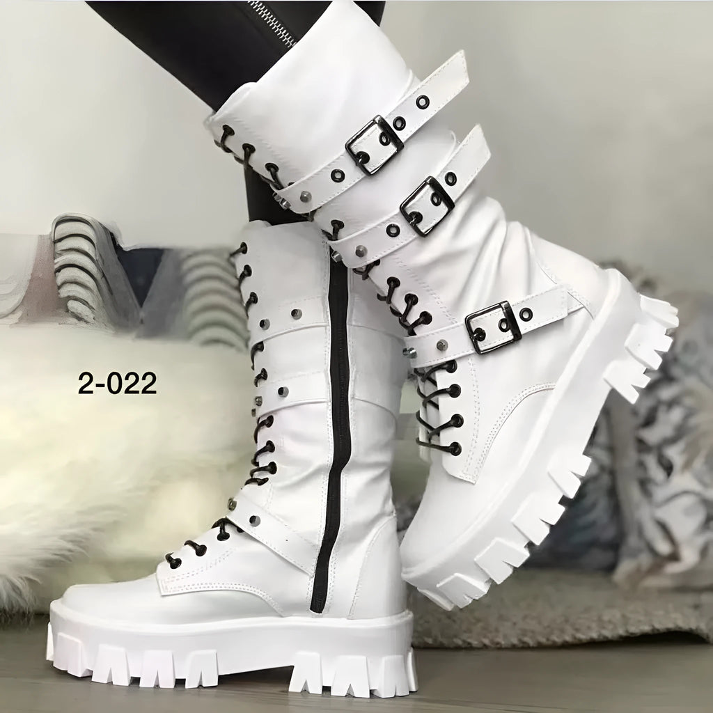 Women's black mid-calf knight boots with a side zip and metal buckle detail on the shaft.