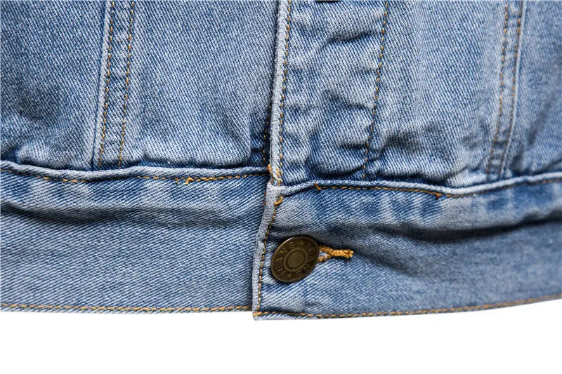 Men's denim jacket in black with lapel collar, single-breasted placket, and long sleeves, front view