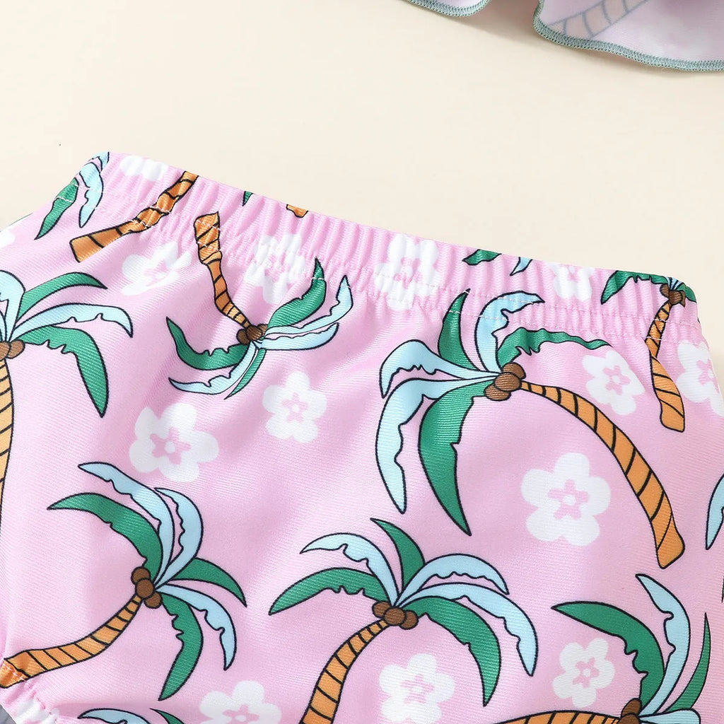 White two-piece girls swimsuit set with short sleeve top and shorts on a hanger