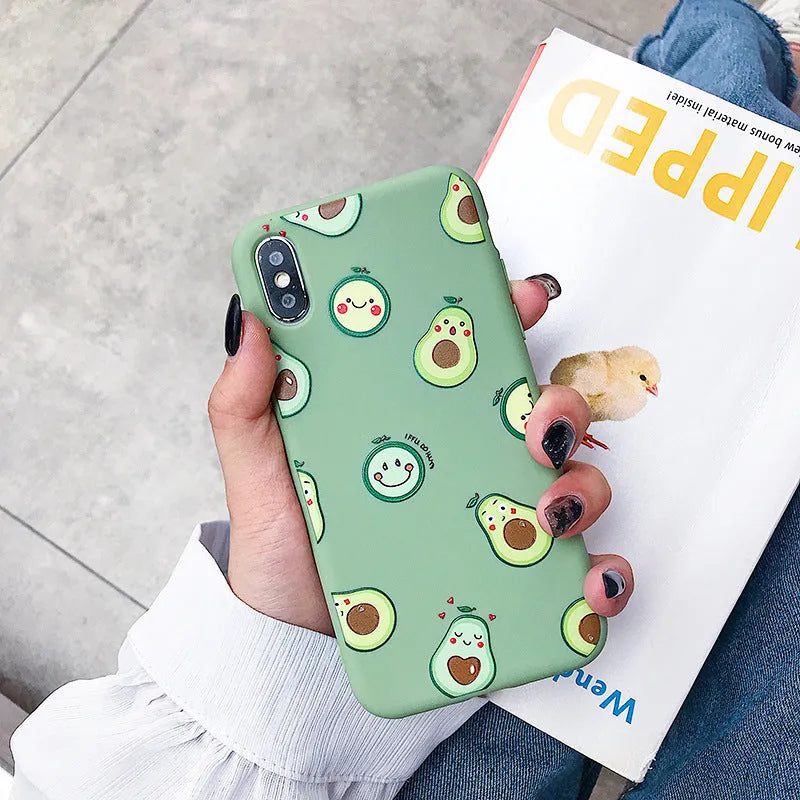 Green avocado cartoon design on a flexible TPU smartphone back cover case.