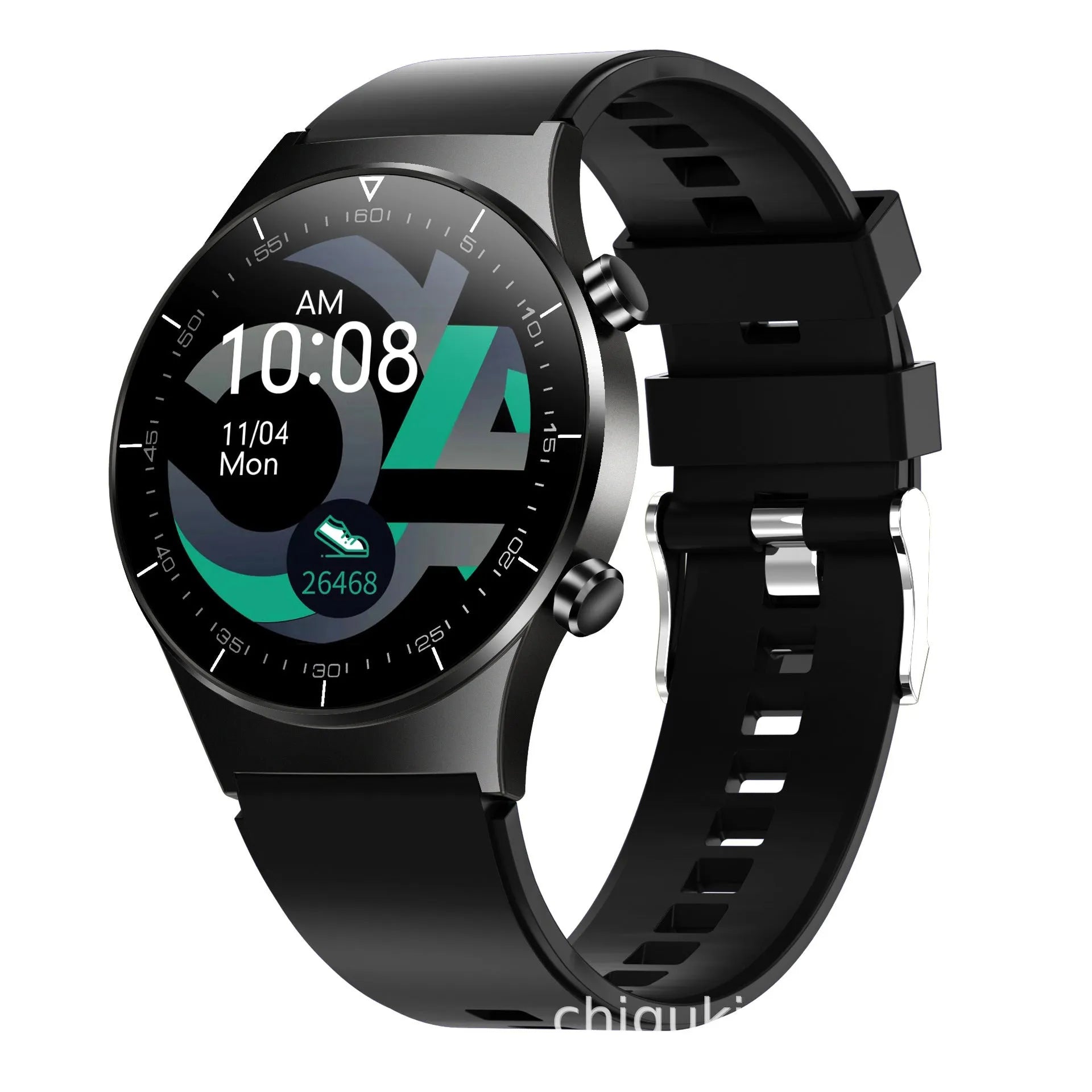 Black smart watch with 1.28-inch touch screen displaying heart rate and fitness data on wrist