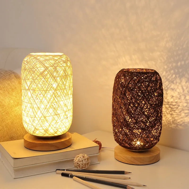 Brown hemp rope Sepak Takraw ball desk lamp on a wooden base with USB cable.