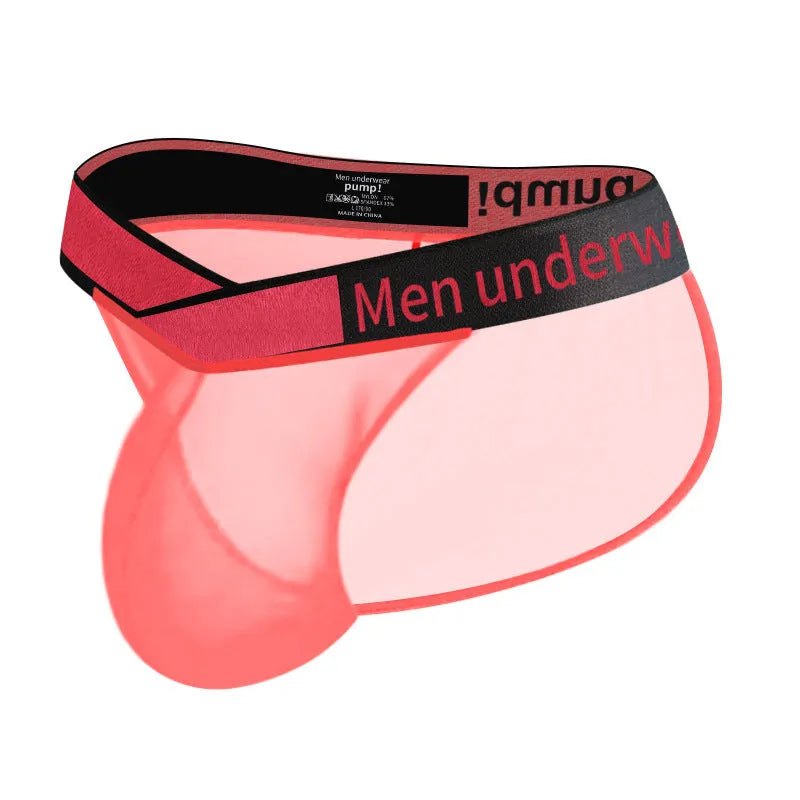 Men's transparent ice silk briefs with large V gradient high fork in red, black, or white colours