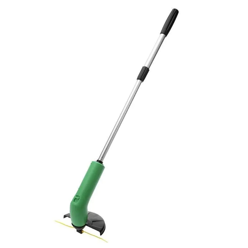 Cordless lawn trimmer tool with extension pole and protective debris shield for garden maintenance