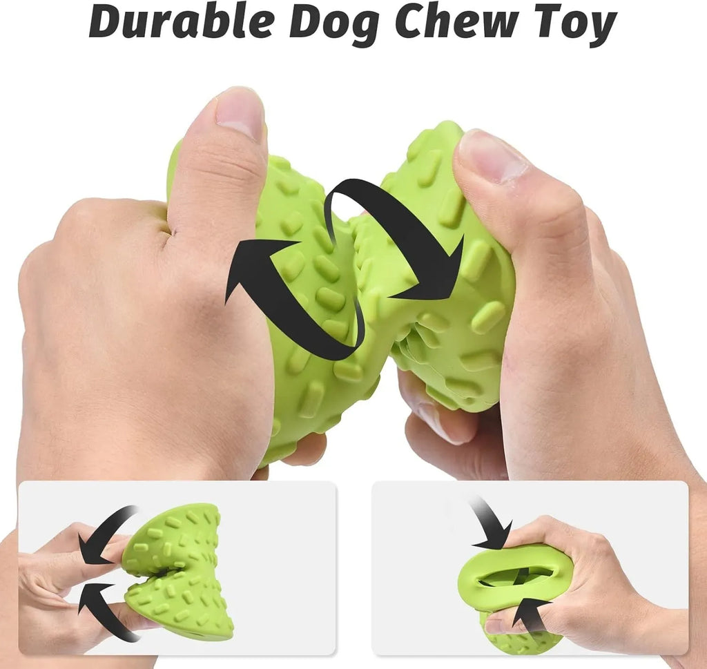 Blue natural rubber hollow dog bone treat dispensing toy with leakage holes.