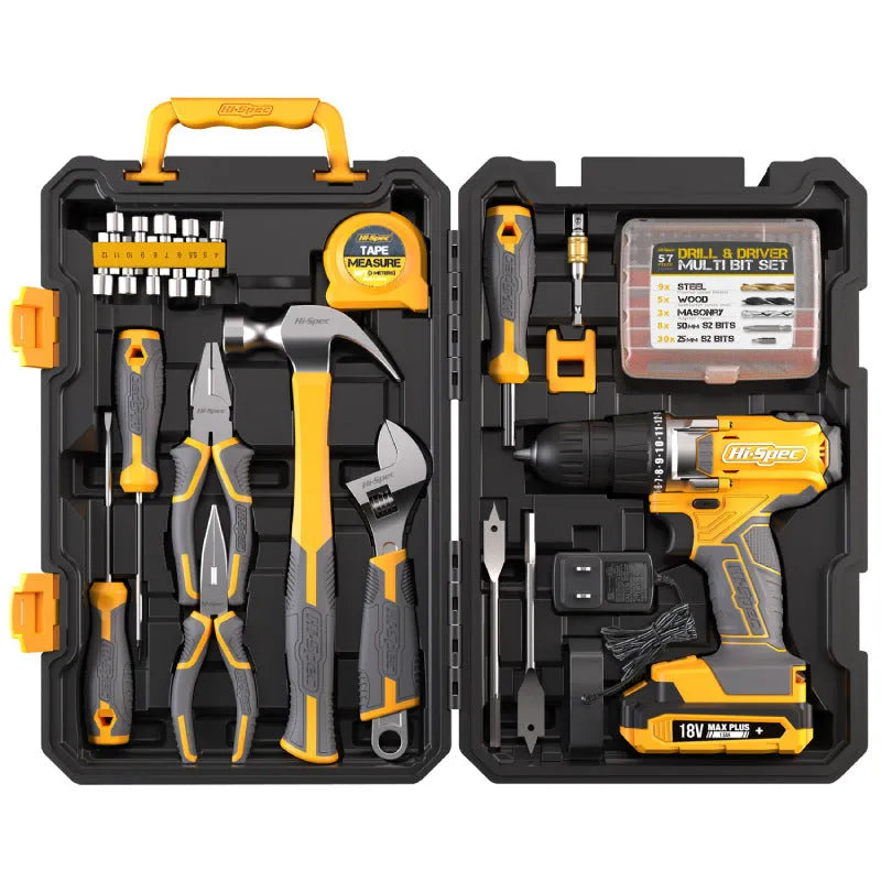 82-piece hardware tool combo set in grey yellow storage case with chrome-vanadium steel tools for furniture installation