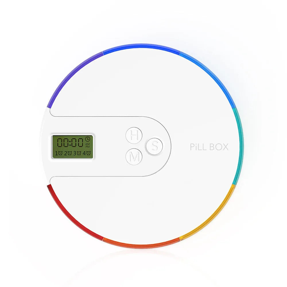 Seven compartment electronic pill dispenser with digital display and alarm clock functions in multiple colour options