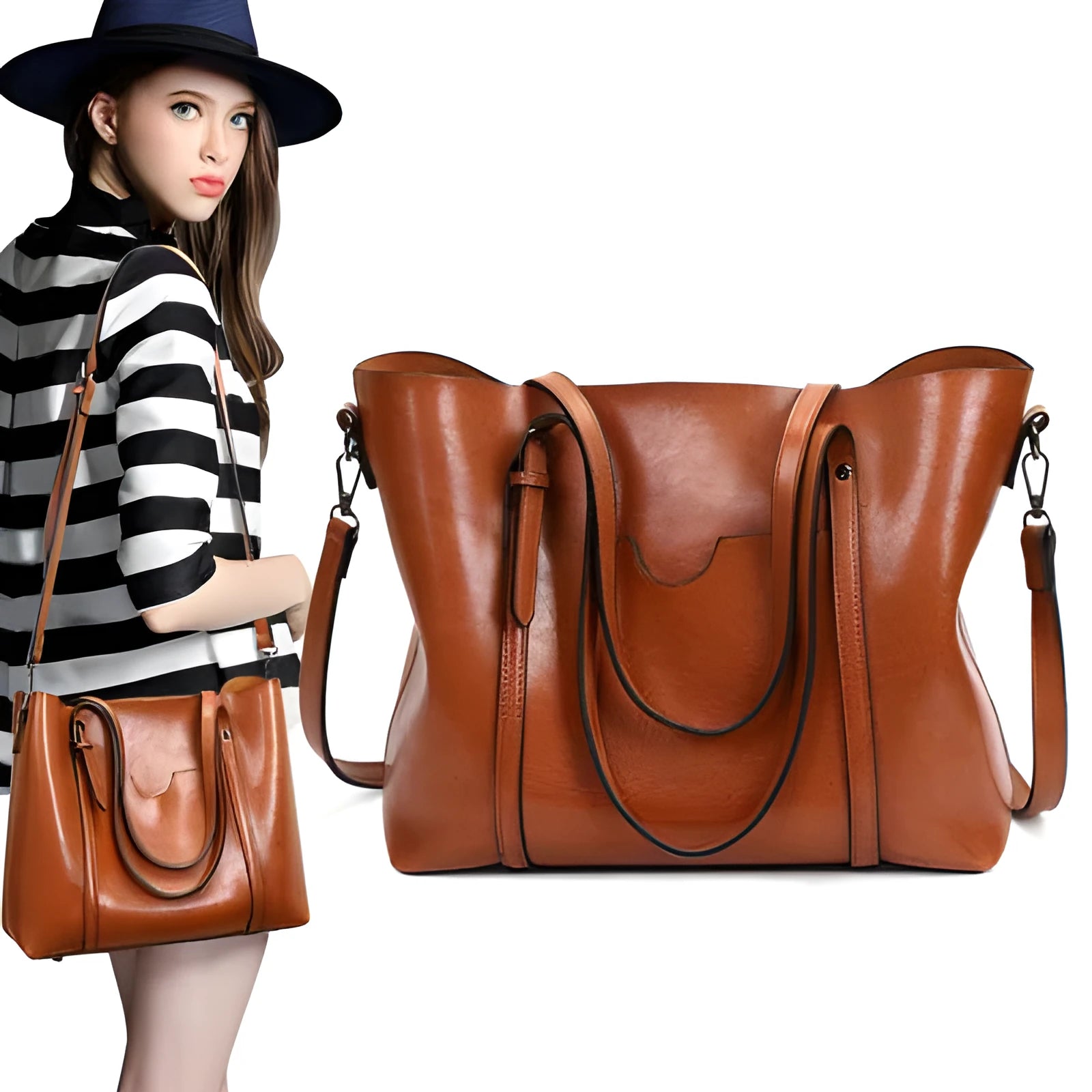 Retro messenger bag for women in PU leather with large A4 capacity and shoulder strap