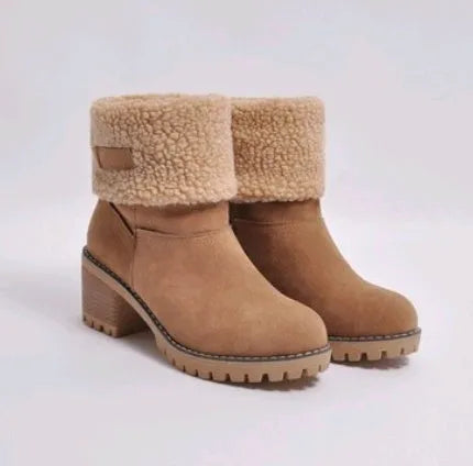 Women's suede mid-calf snow boots with a thick low heel and round toe in various colours.