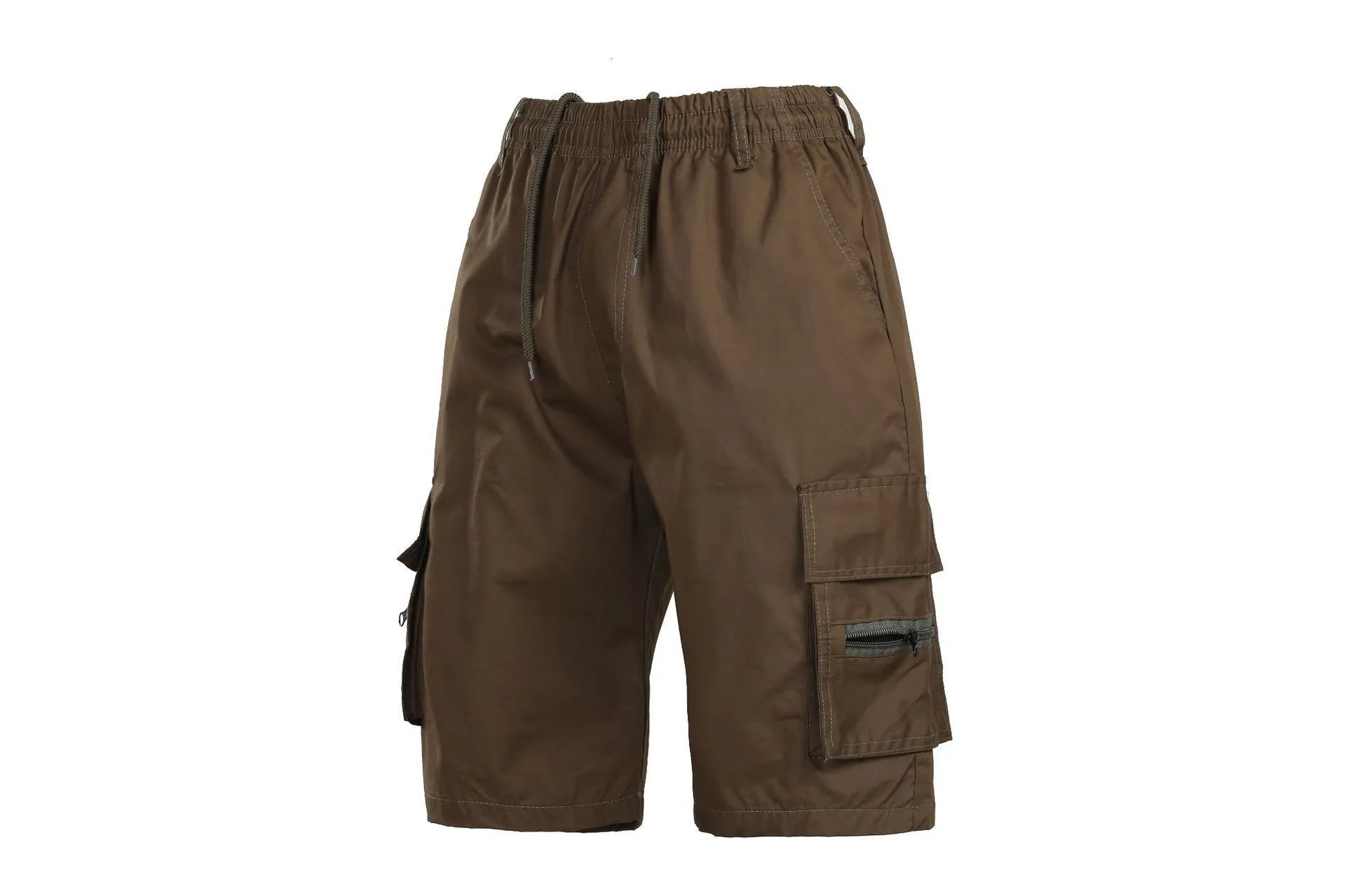 Men's khaki cotton casual shorts with multiple pockets and a drawstring waistband.