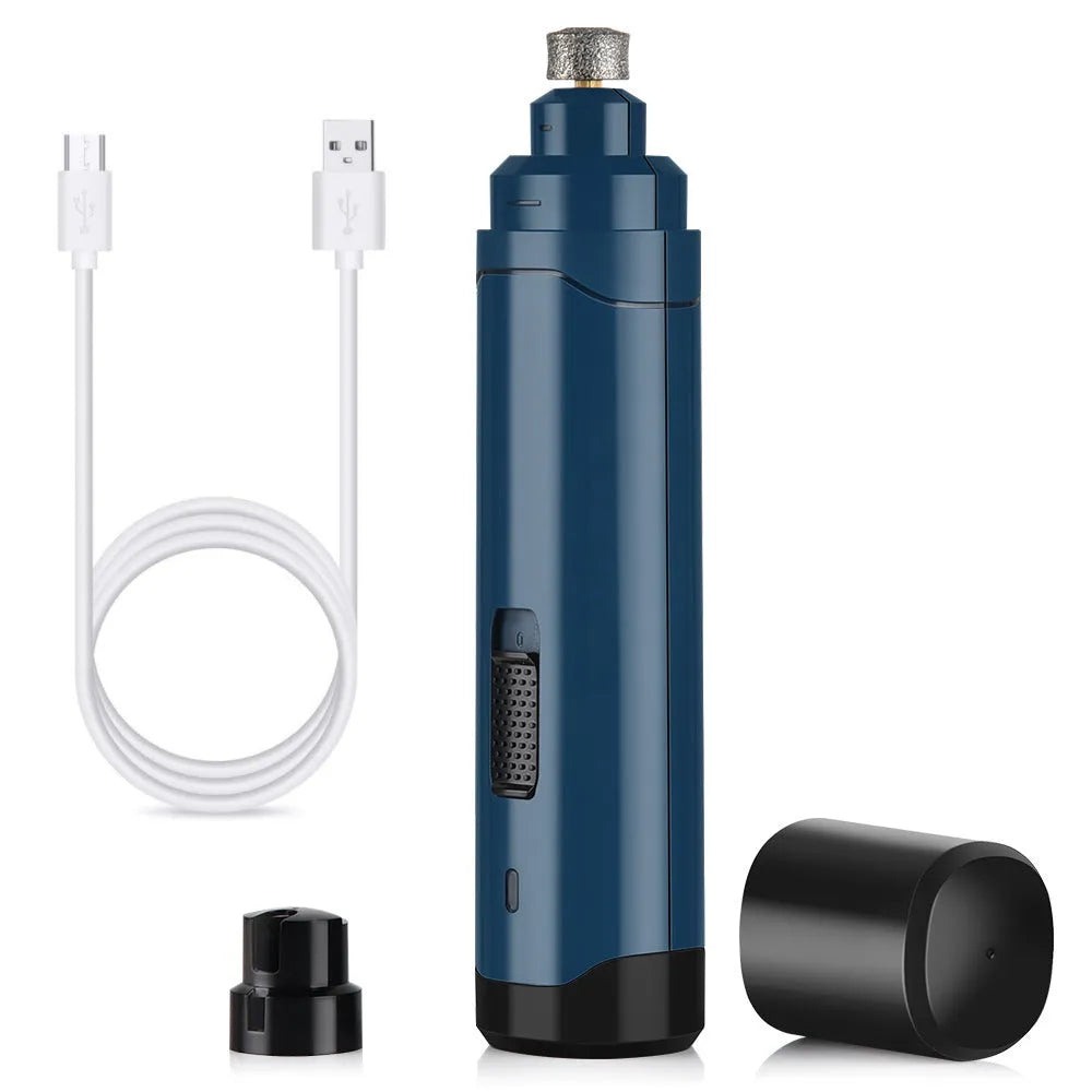 Blue pet nail polisher with USB cable on white background, compact size 17x10x4.2cm