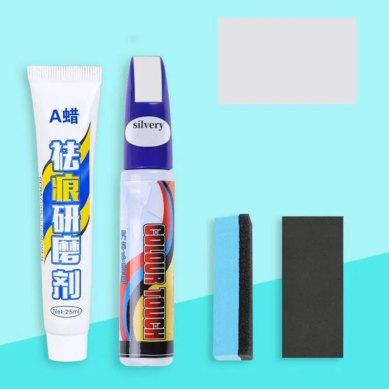 Automotive paint repair pen kit with touch-up paint, scratch wax, sponge and sandpaper