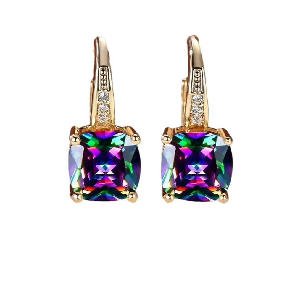 Square geometric ear clip with colourful moissanite inlays in gold electroplated finish