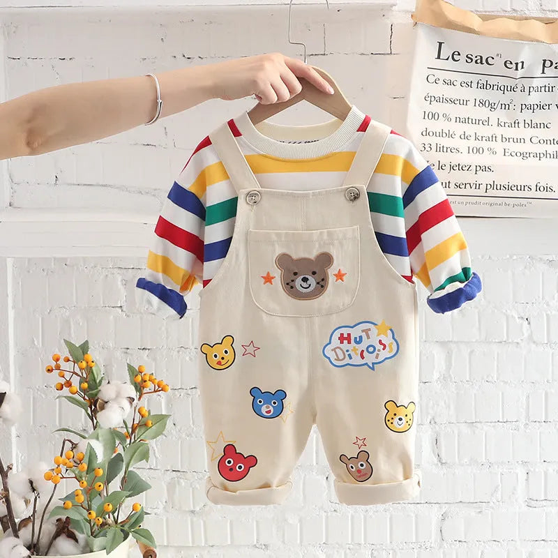 Boys' plaid cotton top overalls suit in beige with strap pants, suitable for 80-120cm height