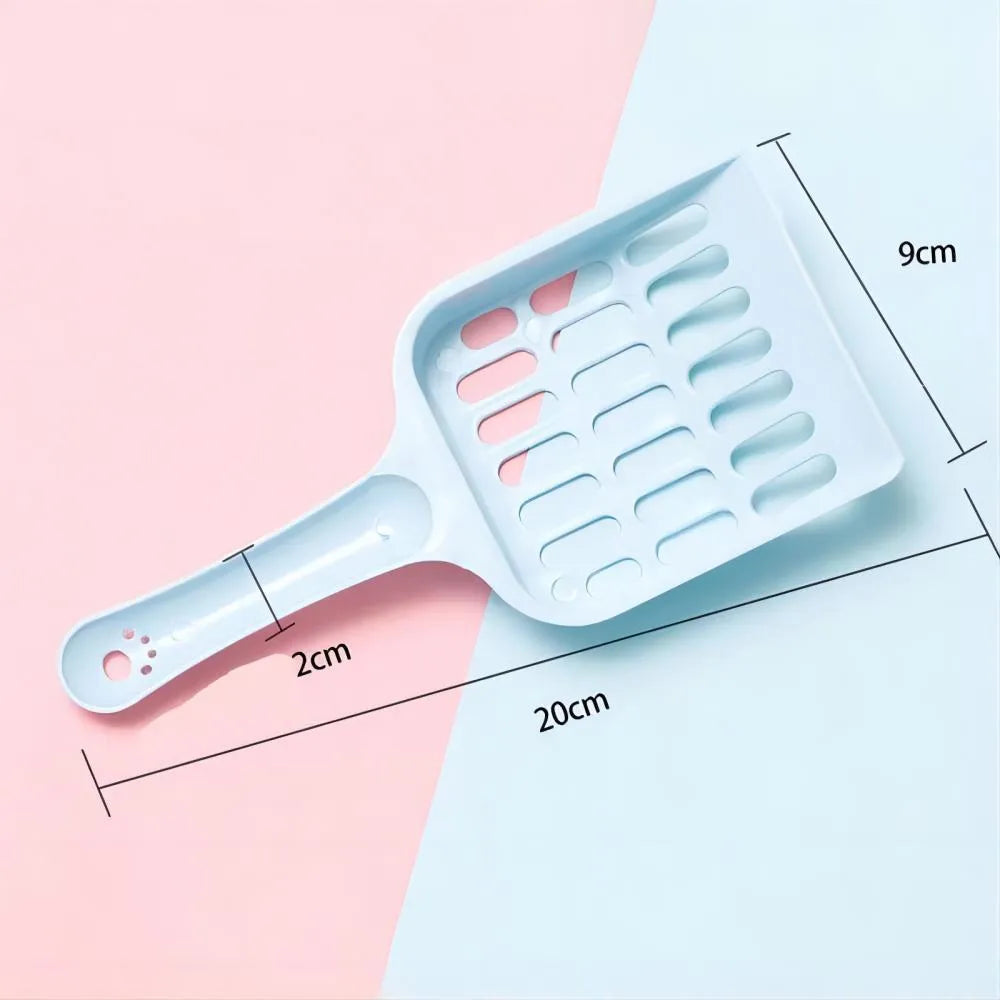 Blue plastic cat litter scoop with a long handle and perforated sifting head on a white background.