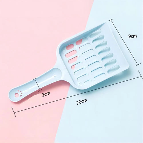 Blue plastic cat litter scoop with a long handle and perforated sifting head on a white background.