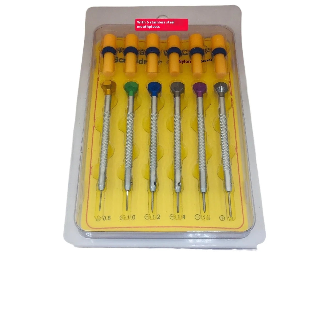 Six colour-coded aluminium handle screwdrivers for watch repair with meter repair tool