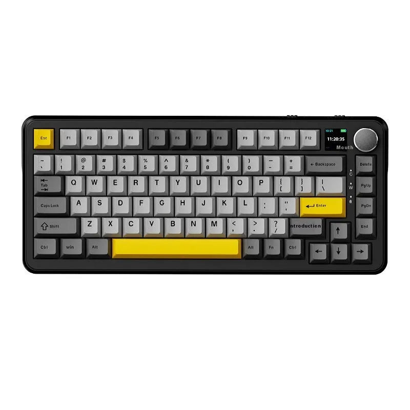 Black, grey and yellow mechanical keyboard with 75% compact layout and RGB backlighting