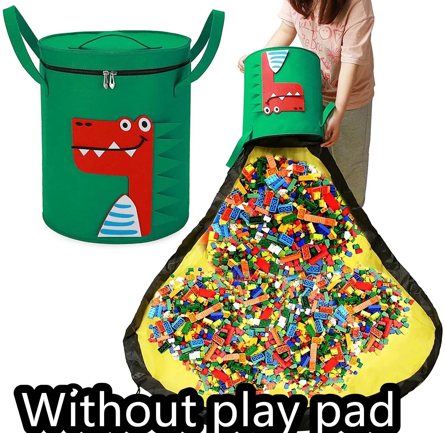 Green felt cube storage bag open as play mat with pull rope closure for children's toys