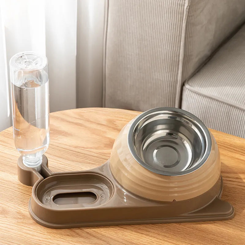 Brown elevated cat food bowl with integrated water dispenser bottle for automatic feeding