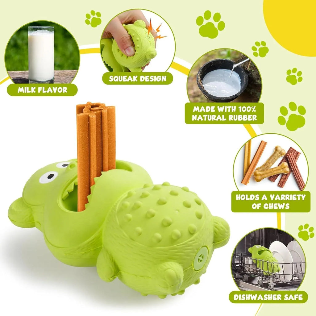 Green and yellow thick natural rubber squeaky dog chew toy for large breed dogs.