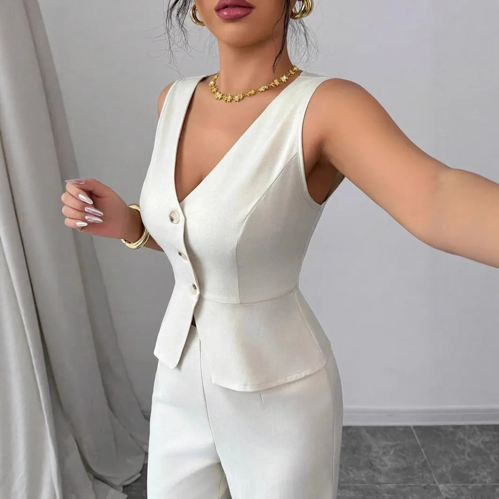 Women's sleeveless vest and high waist trousers two-piece set in solid colour