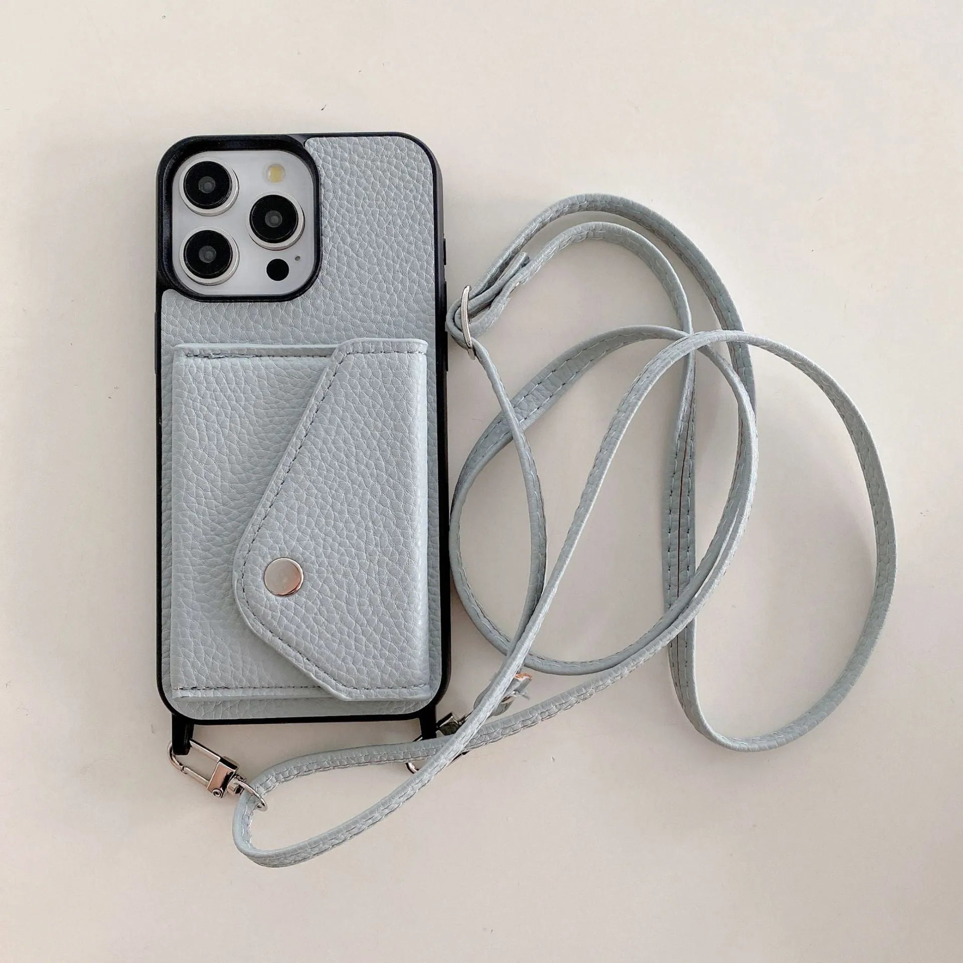Lychee pattern imitation leather phone case with crossbody strap and triangle card holder for iPhone 14