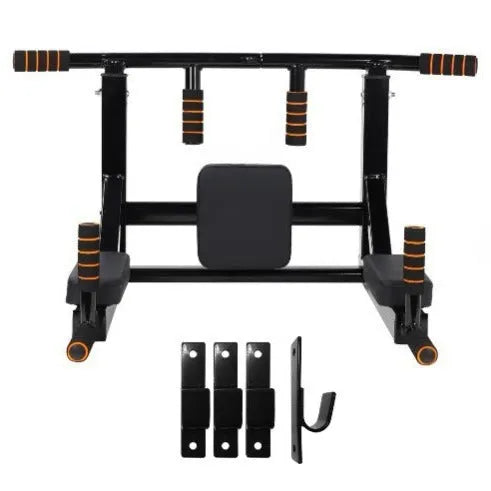 Black wall-mounted steel sandbag rack with integrated parallel pull-up bars for fitness training